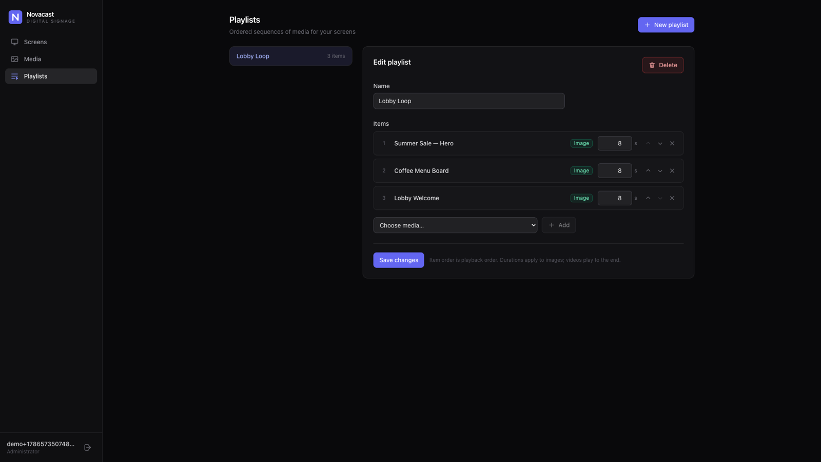Novacast playlist editor with ordered media items, per-item durations and reorder controls