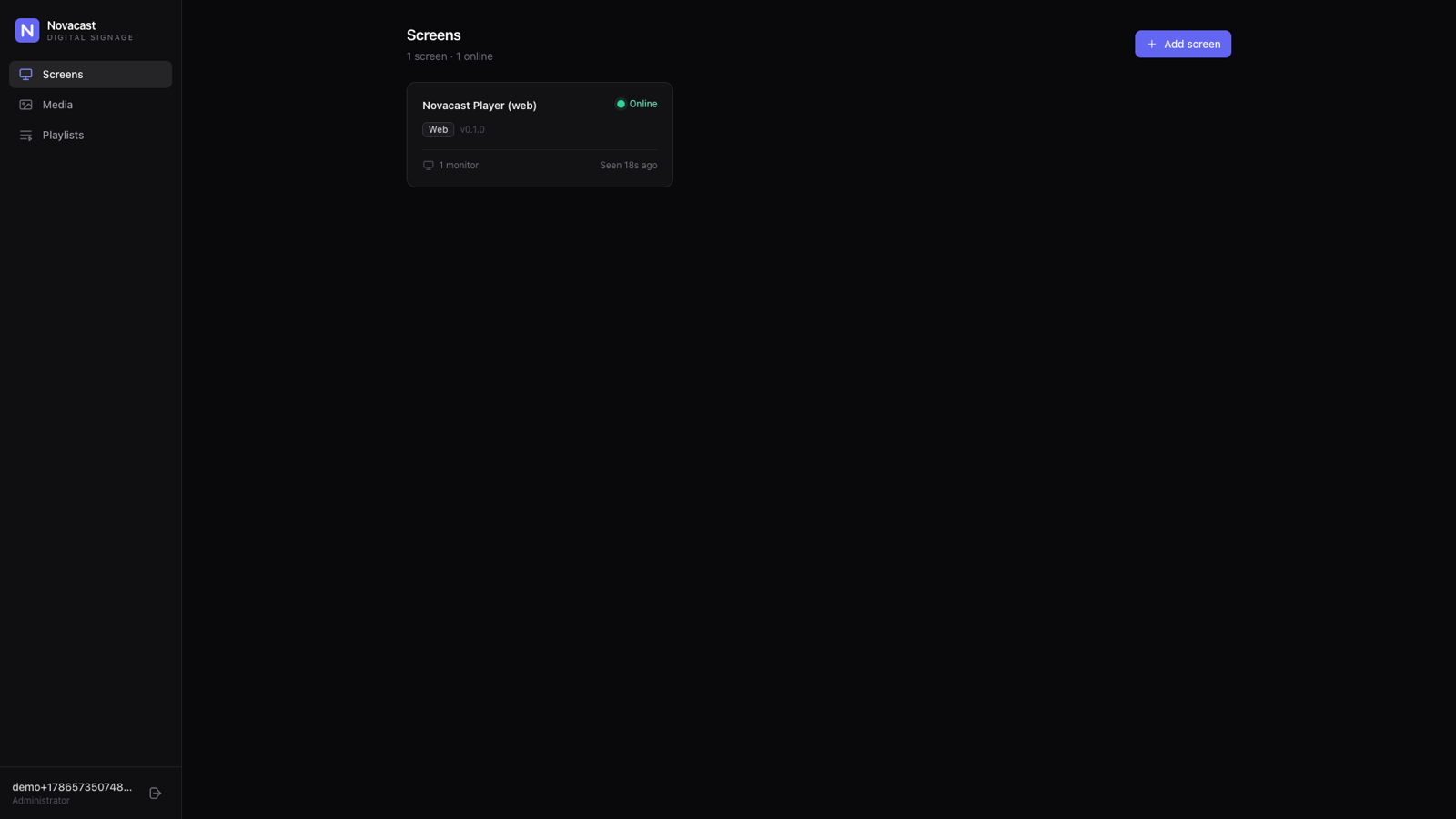 Novacast dashboard screens page showing a paired player online with monitor count and last-seen time