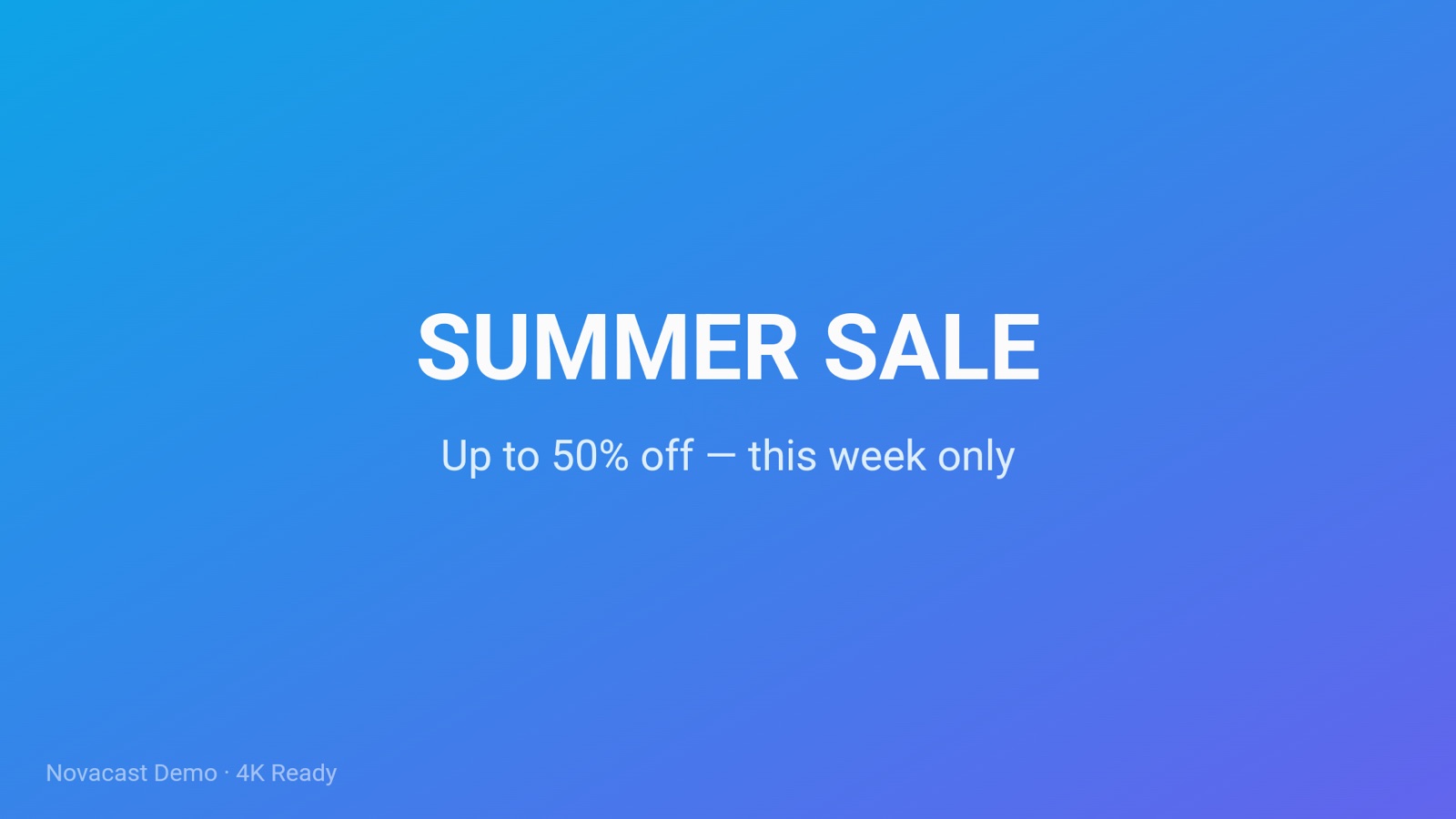 A Novacast player on Android TV showing a full-screen Summer Sale campaign slide